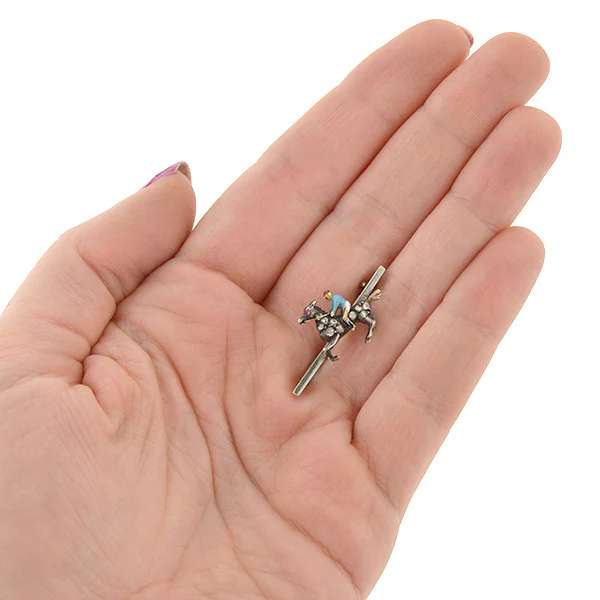Victorian Petite Silver Diamond & Enamel Horse & Jockey Pin - Image 6