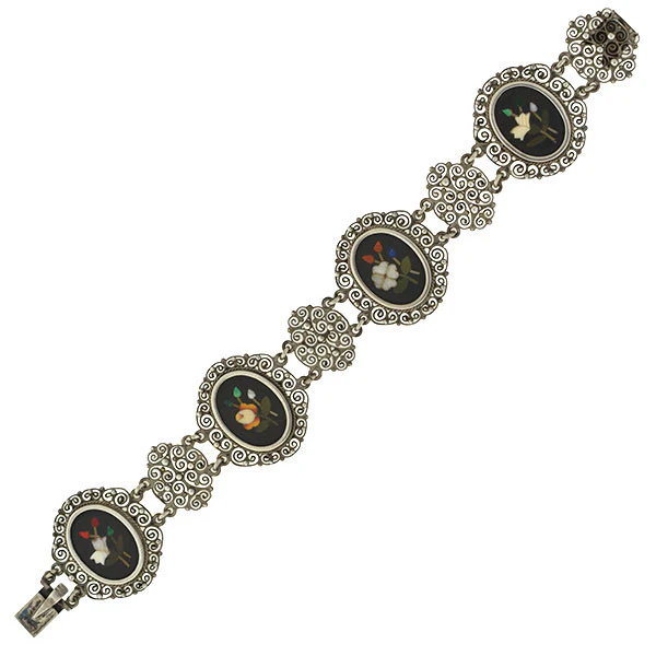 Victorian Silver Pietra Dura Floral Filigree Link Bracelet - Image 2
