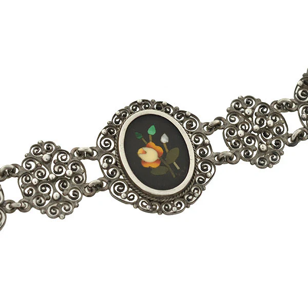 Victorian Silver Pietra Dura Floral Filigree Link Bracelet - Image 3