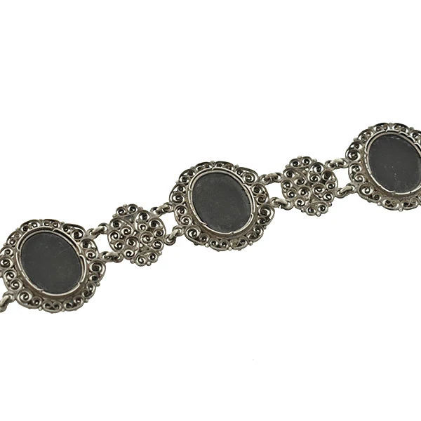 Victorian Silver Pietra Dura Floral Filigree Link Bracelet - Image 5