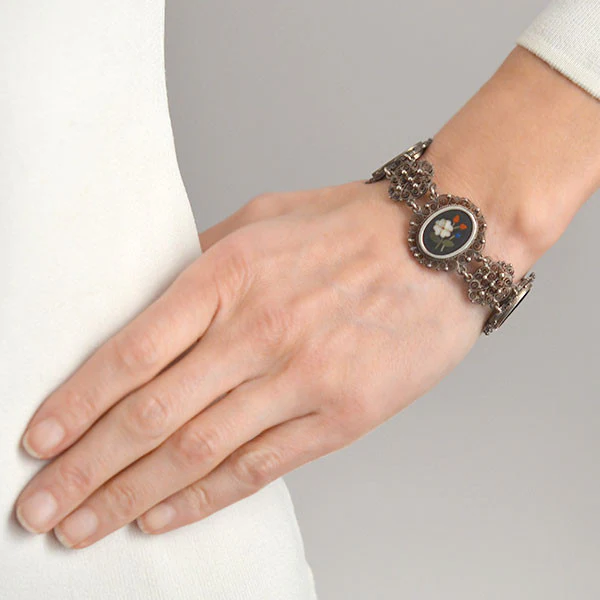 Victorian Silver Pietra Dura Floral Filigree Link Bracelet - Image 7