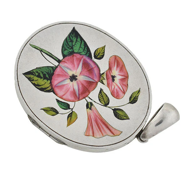 Victorian Sterling & Enamel Painted Flowers Locket - Image 3