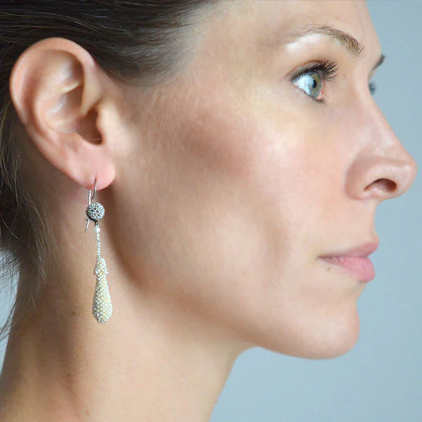 Victorian Sterling Natural Pavé Seed Pearl Teardrop Earrings - Image 8