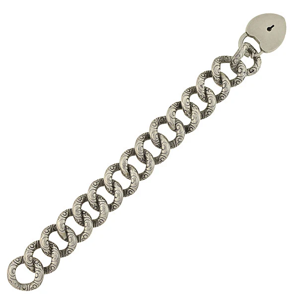 Victorian Sterling Repousse Link Bracelet with Padlock Heart Clasp - Image 2