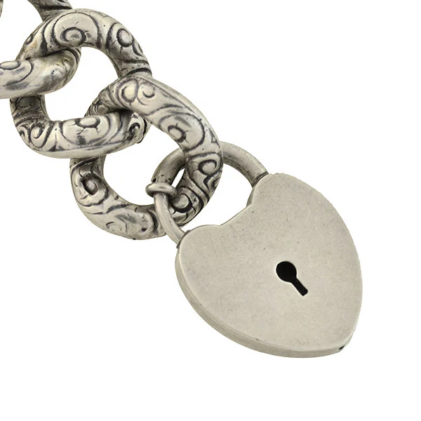 Victorian Sterling Repousse Link Bracelet with Padlock Heart Clasp - Image 3