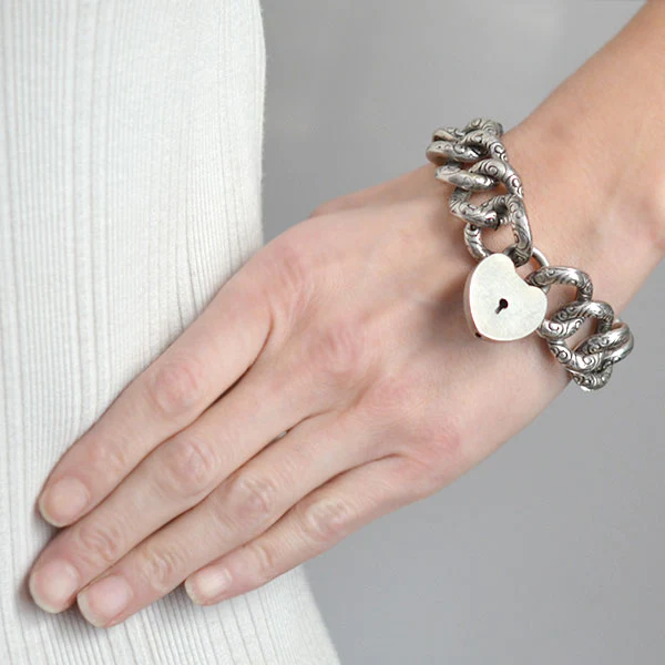 Victorian Sterling Repousse Link Bracelet with Padlock Heart Clasp - Image 7