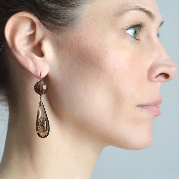 Victorian Sterling Smoky Topaz Beetle Earrings - Image 6