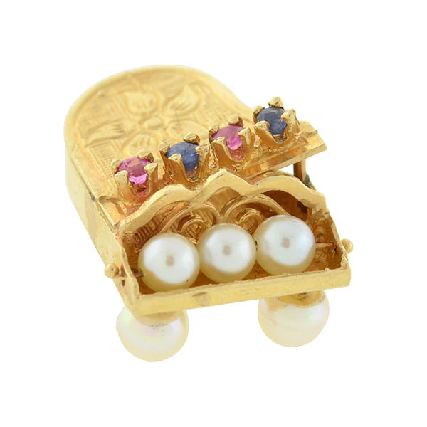 Vintage 14kt Cultured Pearl, Ruby & Sapphire Piano Charm - Image 2