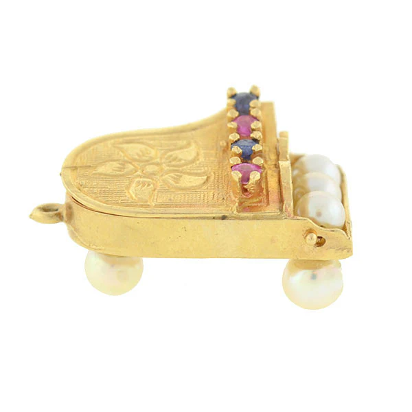 Vintage 14kt Cultured Pearl, Ruby & Sapphire Piano Charm - Image 4
