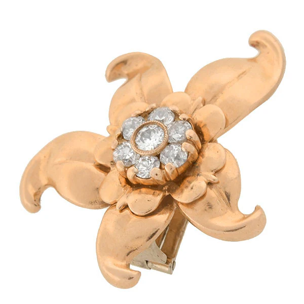 Vintage 14kt & Diamond Starfish Flower Clip Earrings - Image 3