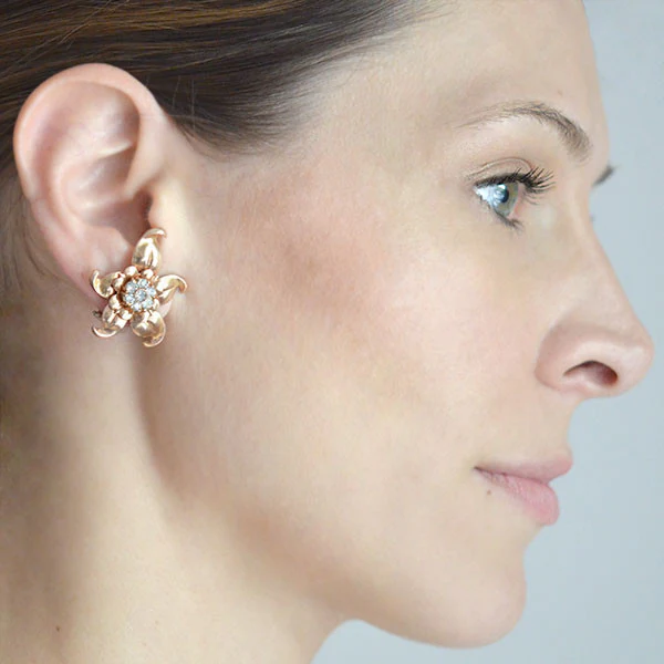 Vintage 14kt & Diamond Starfish Flower Clip Earrings - Image 7