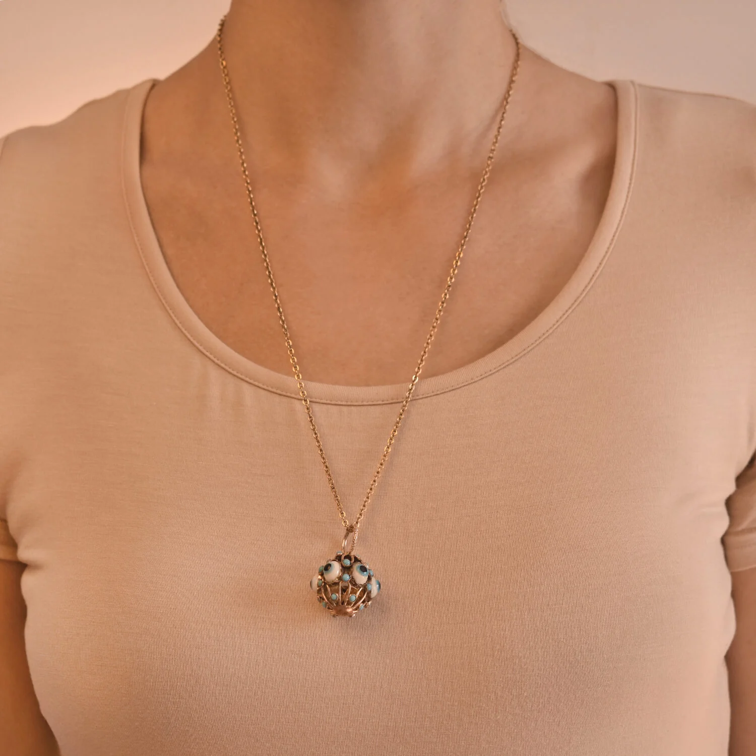 Vintage 9kt Glass "Evil Eye" Caged Ball Charm Pendant - Image 4