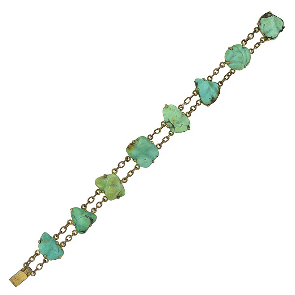 Vintage Chinese Brass & Natural Turquoise Nugget Link Bracelet - Image 2