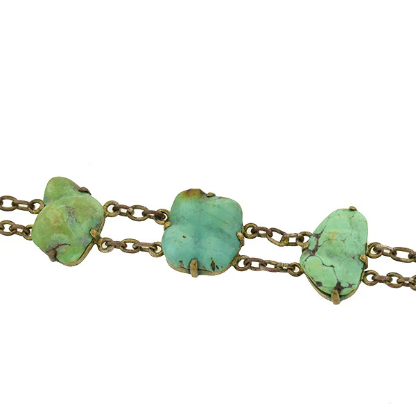 Vintage Chinese Brass & Natural Turquoise Nugget Link Bracelet - Image 3