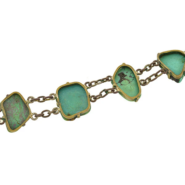 Vintage Chinese Brass & Natural Turquoise Nugget Link Bracelet - Image 5