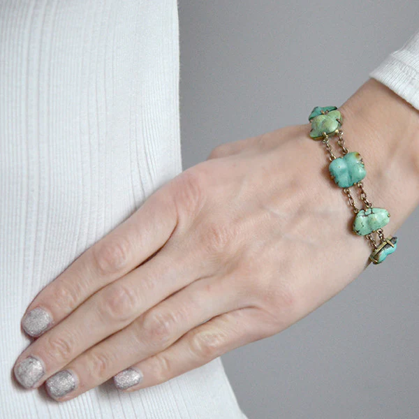 Vintage Chinese Brass & Natural Turquoise Nugget Link Bracelet - Image 6