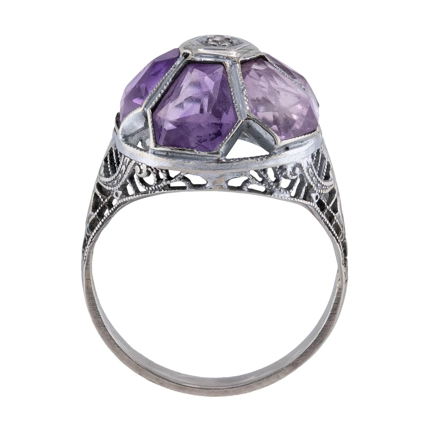 Art Deco 14k Amethyst & Diamond Floral-Motif Ring - Image 4