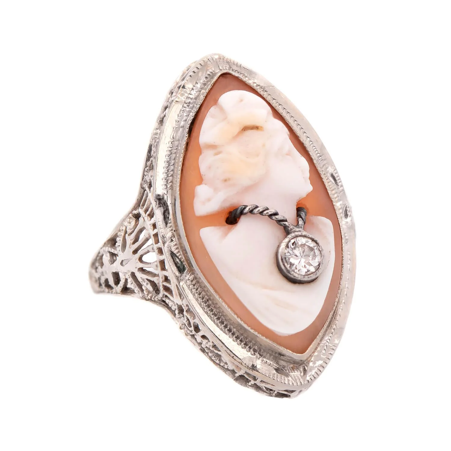Art Deco 14K and Diamond Shell Cameo Ring - Image 2