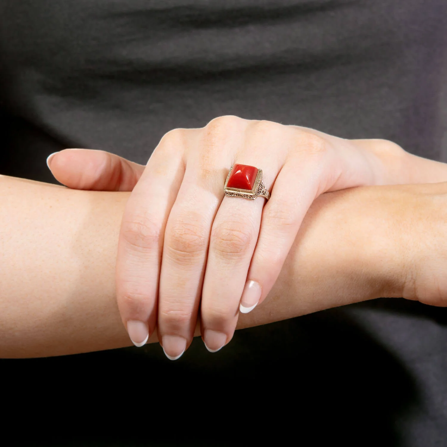 Art Deco 14k Coral Bullet Cabochon Ring - Image 7