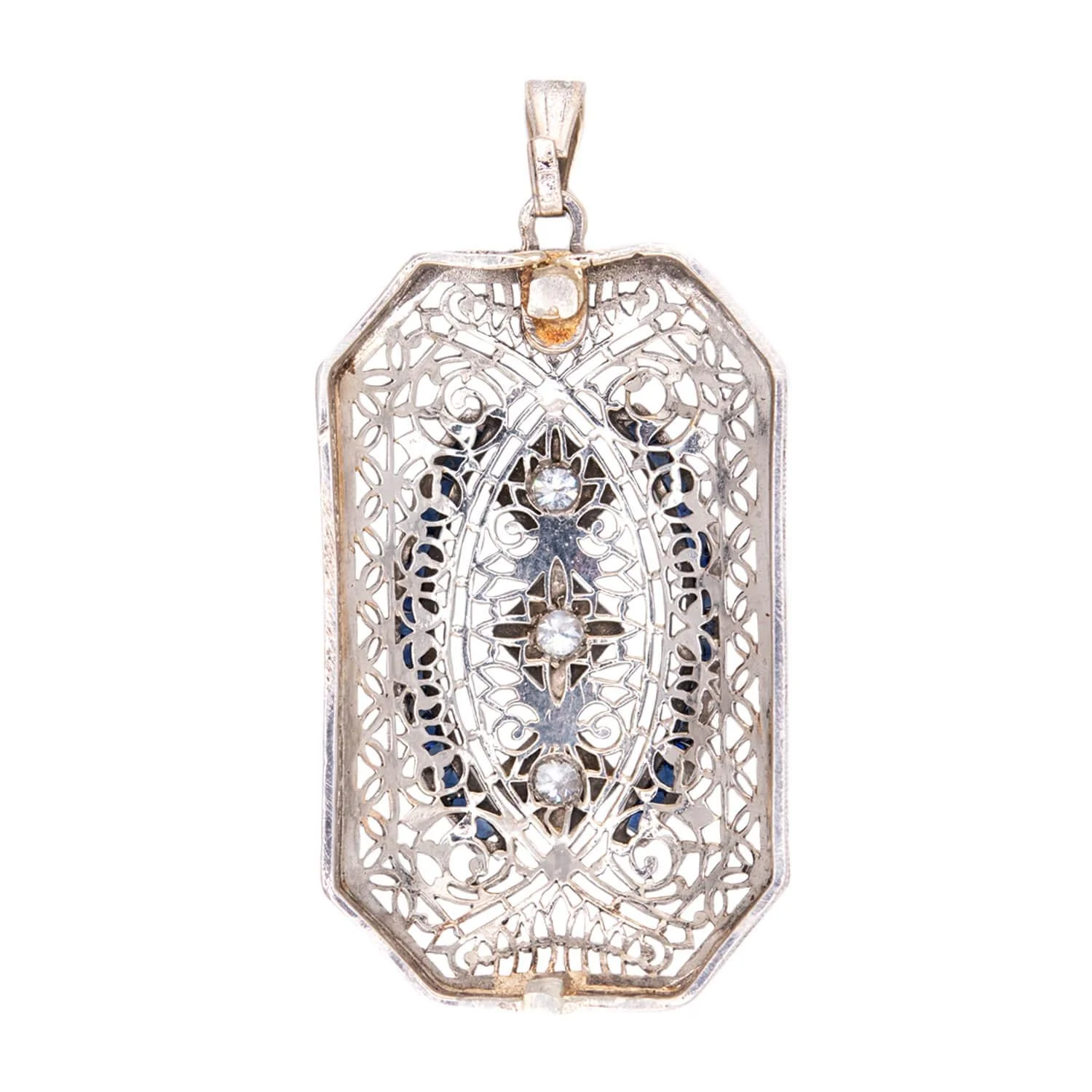 Art Deco 14k Diamond and Sapphire Filigree Pendant - Image 3