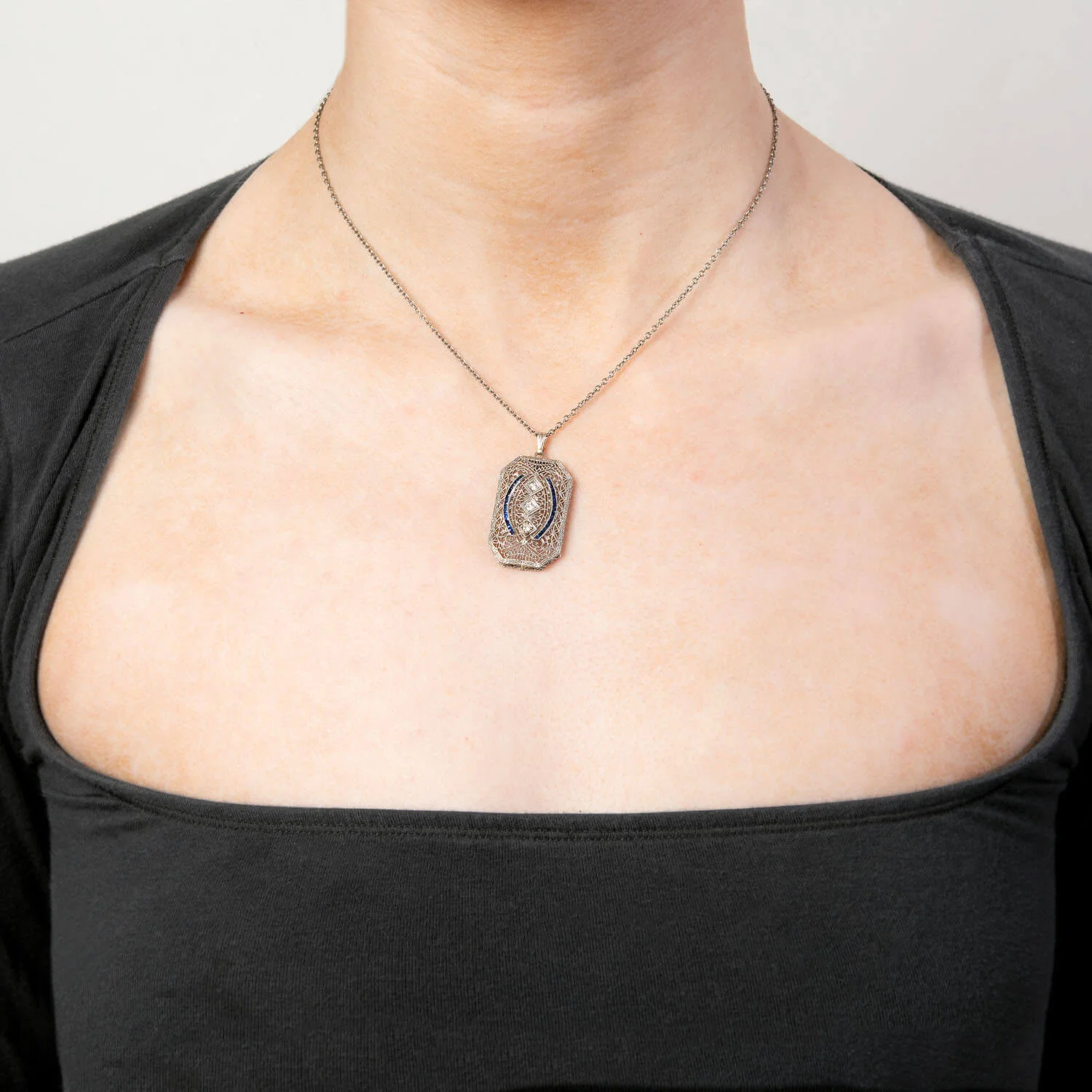 Art Deco 14k Diamond and Sapphire Filigree Pendant - Image 4