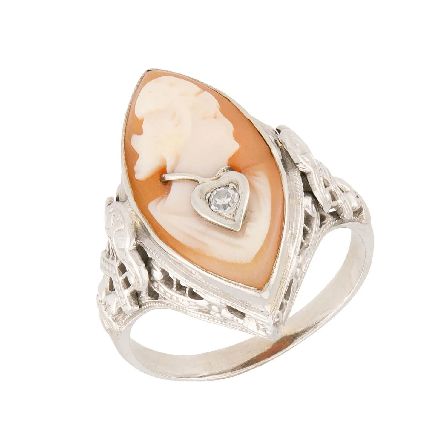 Art Deco 14k Diamond Cameo Navette Ring