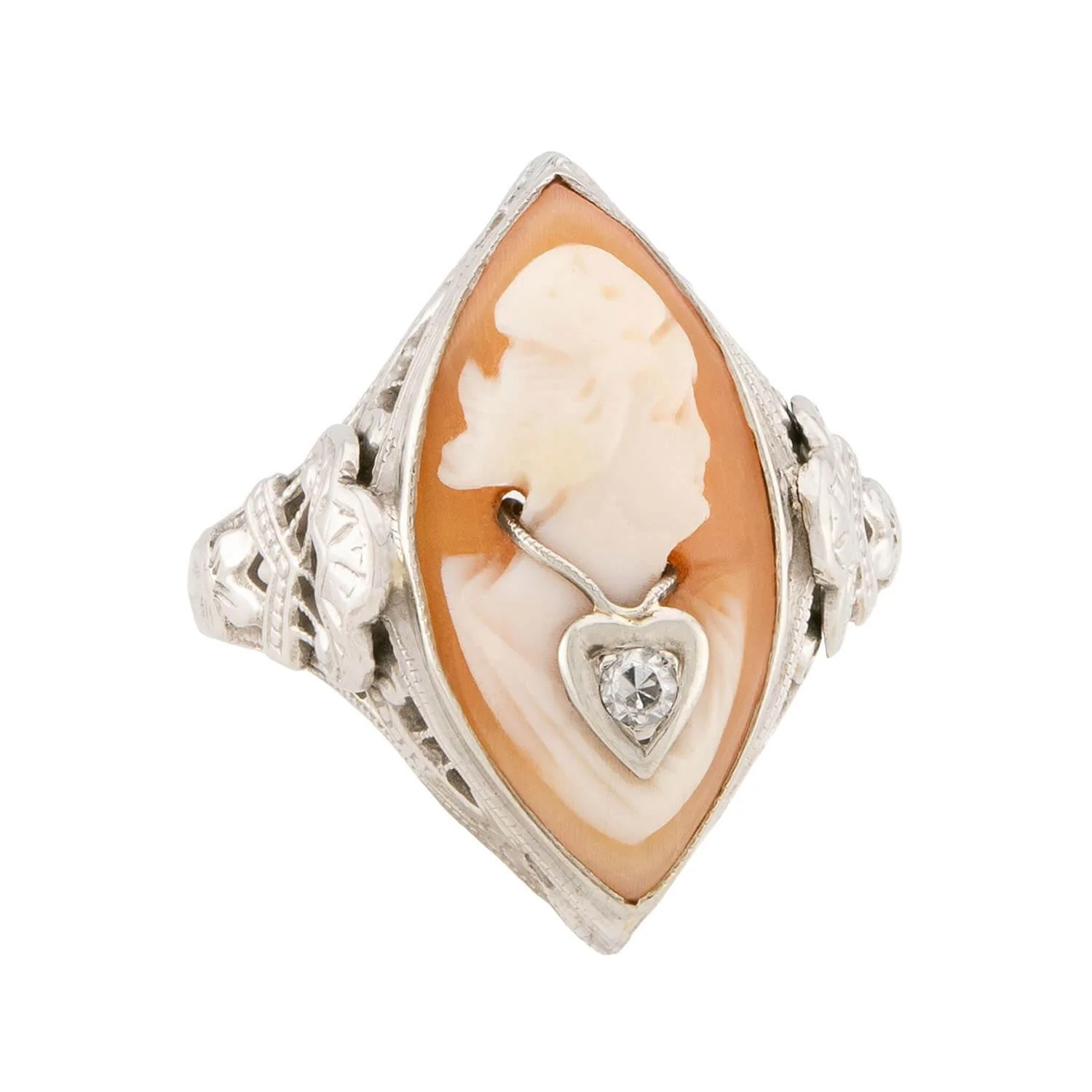 Art Deco 14k Diamond Cameo Navette Ring - Image 2