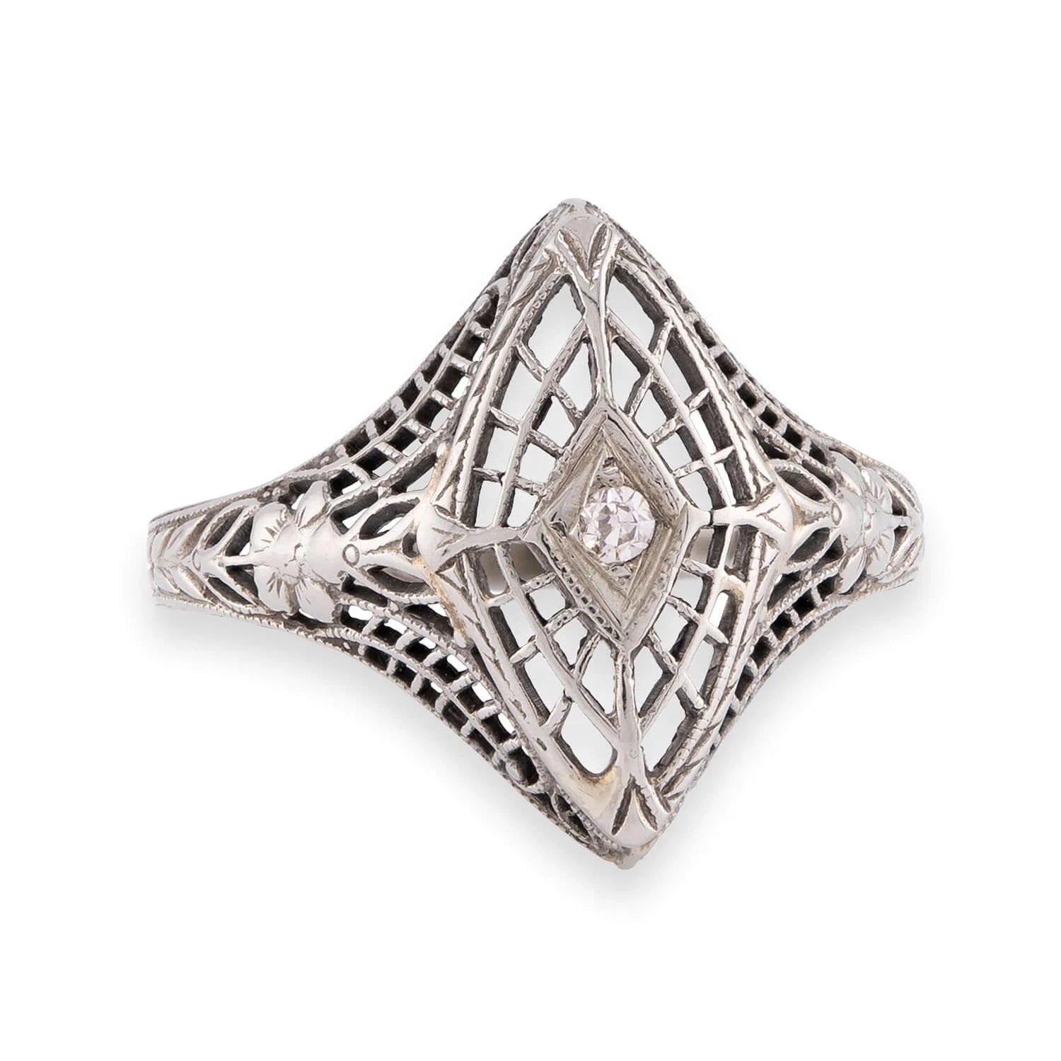 Art Deco 14k Diamond Filigree Navette Ring - Image 2