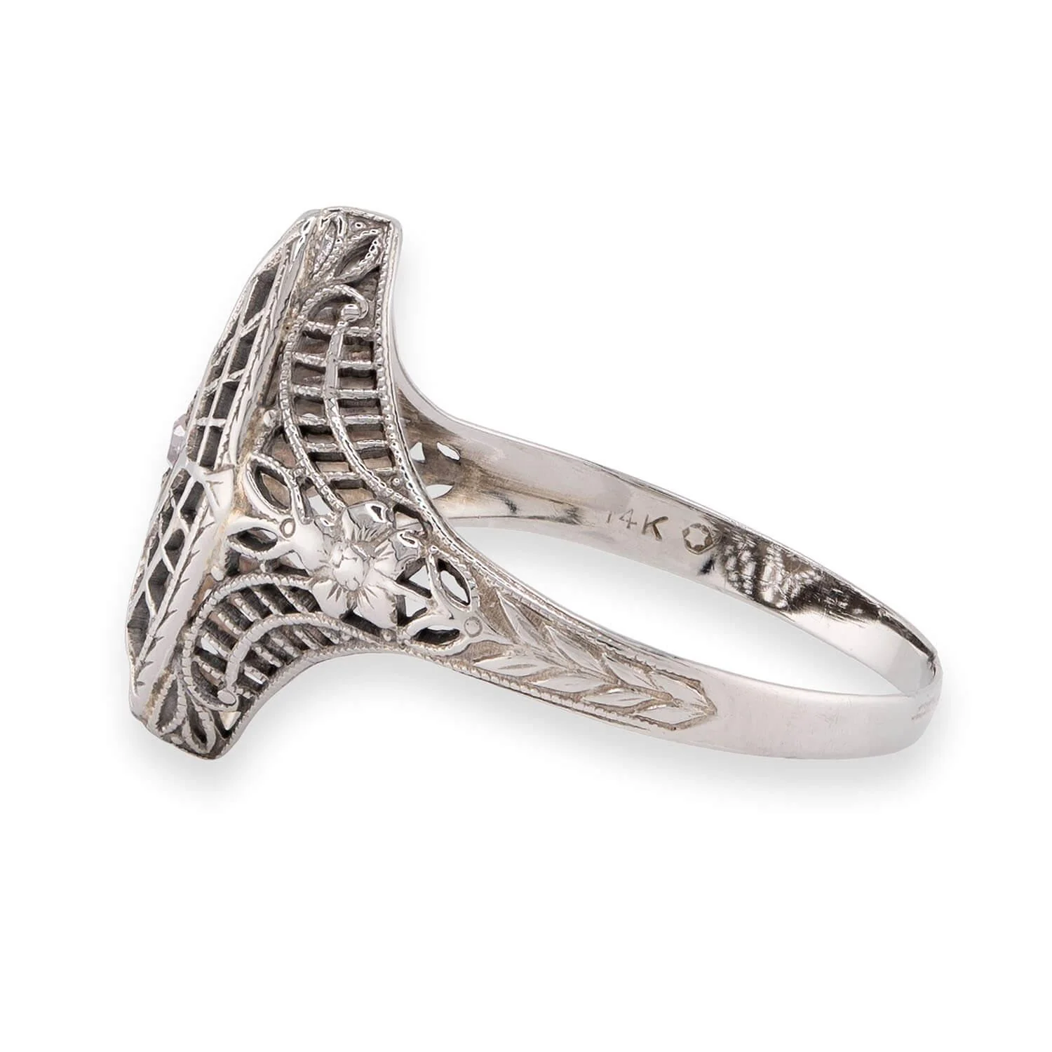 Art Deco 14k Diamond Filigree Navette Ring - Image 3