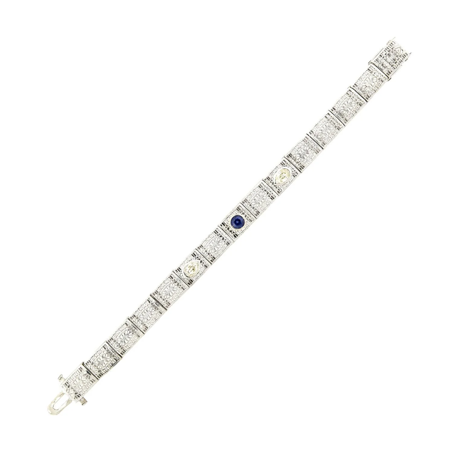 Art Deco 14k Pear Cut Diamond and Sapphire Filigree Line Bracelet - Image 2