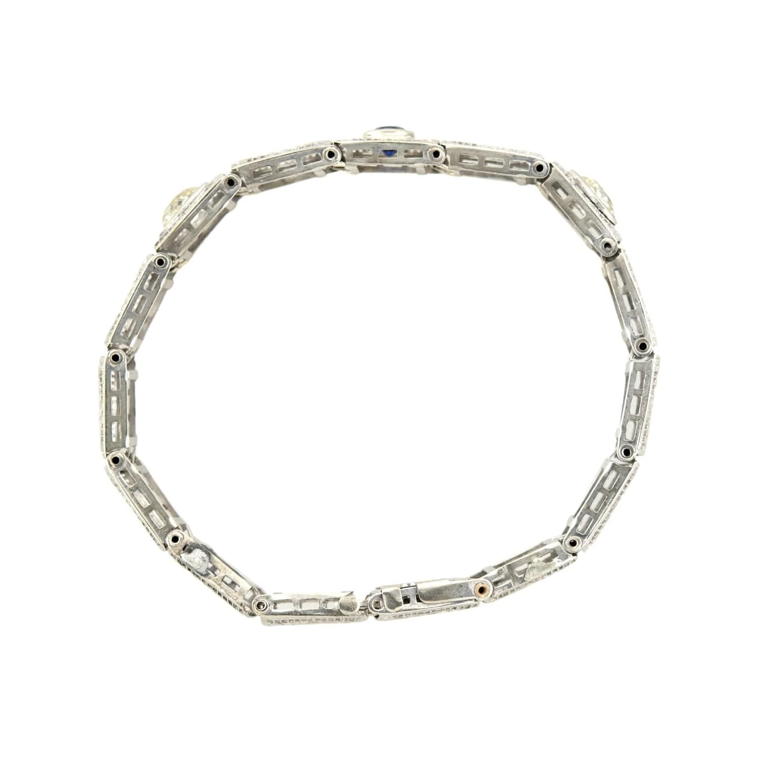 Art Deco 14k Pear Cut Diamond and Sapphire Filigree Line Bracelet - Image 4