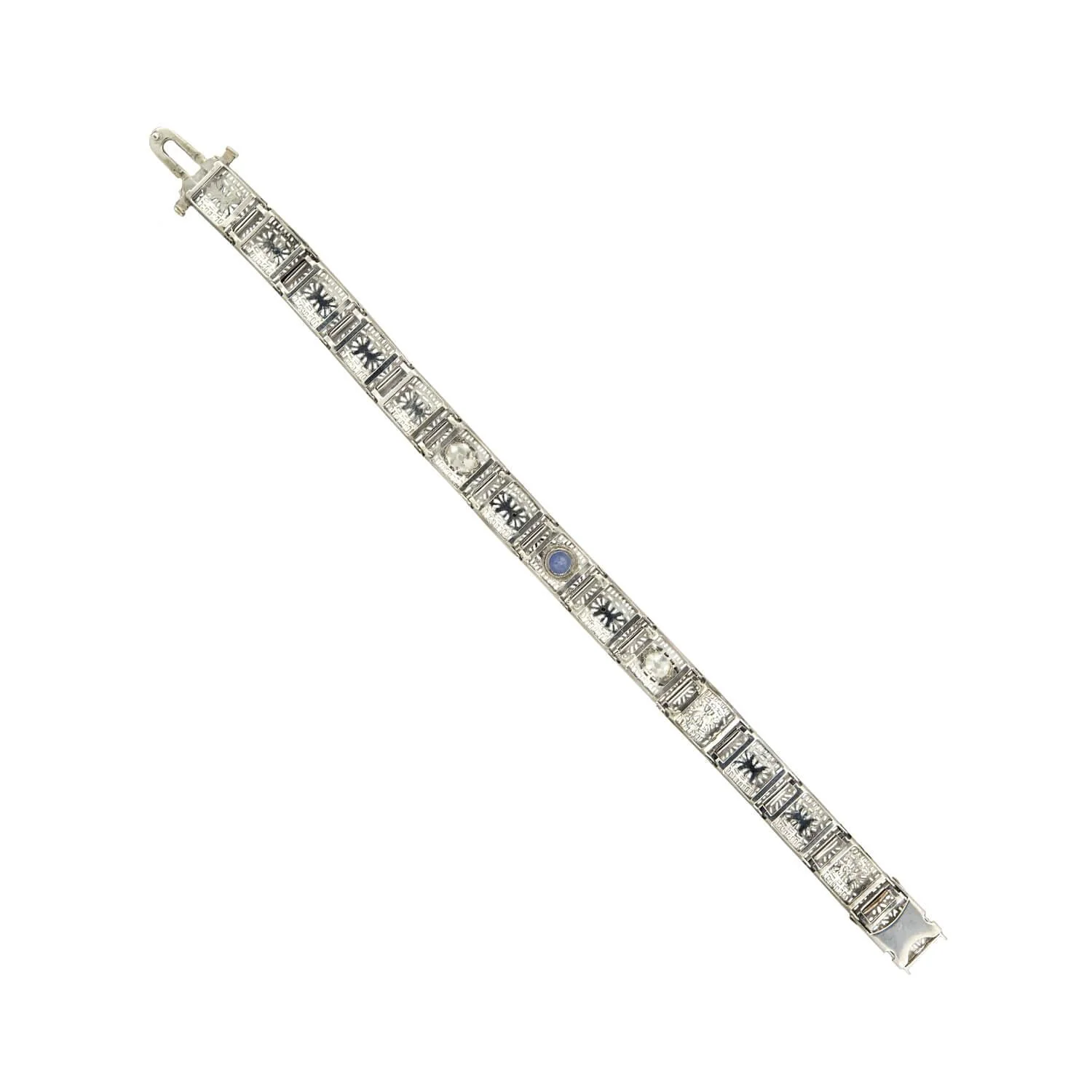 Art Deco 14k Pear Cut Diamond and Sapphire Filigree Line Bracelet - Image 5