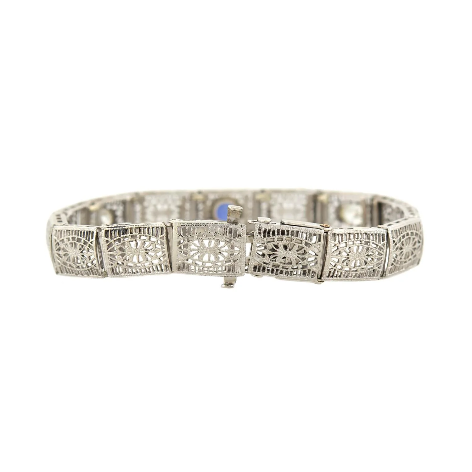 Art Deco 14k Pear Cut Diamond and Sapphire Filigree Line Bracelet - Image 6