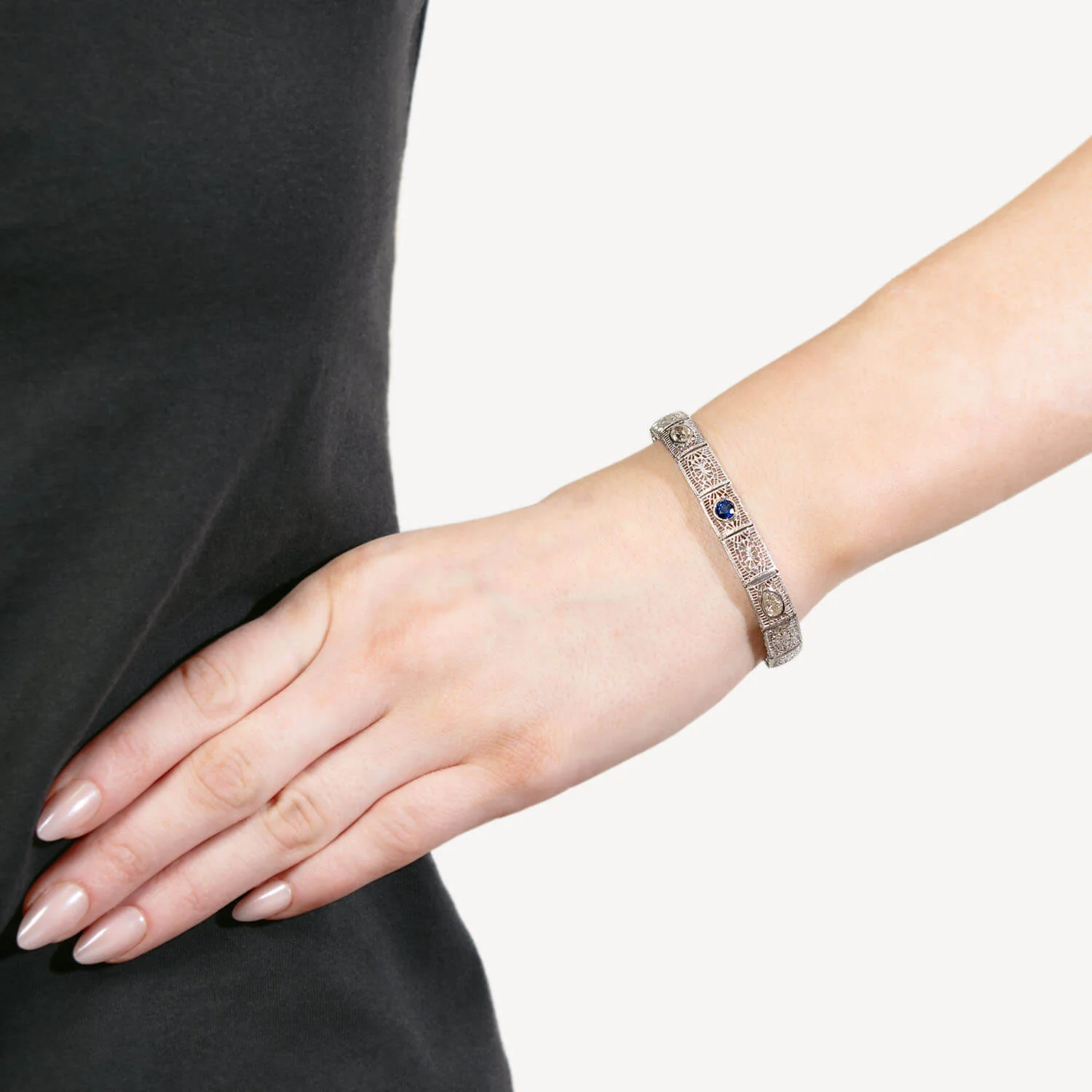 Art Deco 14k Pear Cut Diamond and Sapphire Filigree Line Bracelet - Image 7