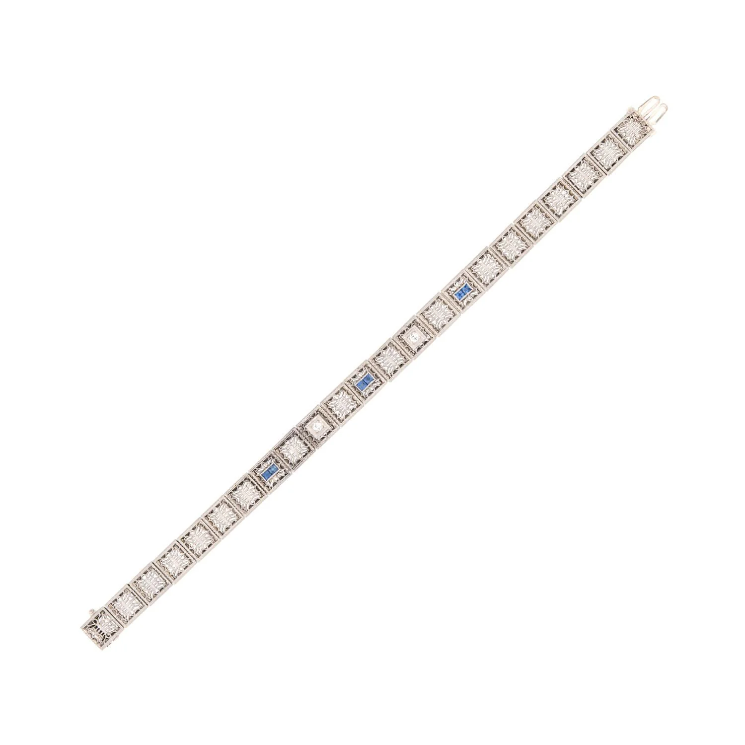 Art Deco 14K/Platinum Top Diamond and Sapphire Filigree Line Bracelet - Image 2