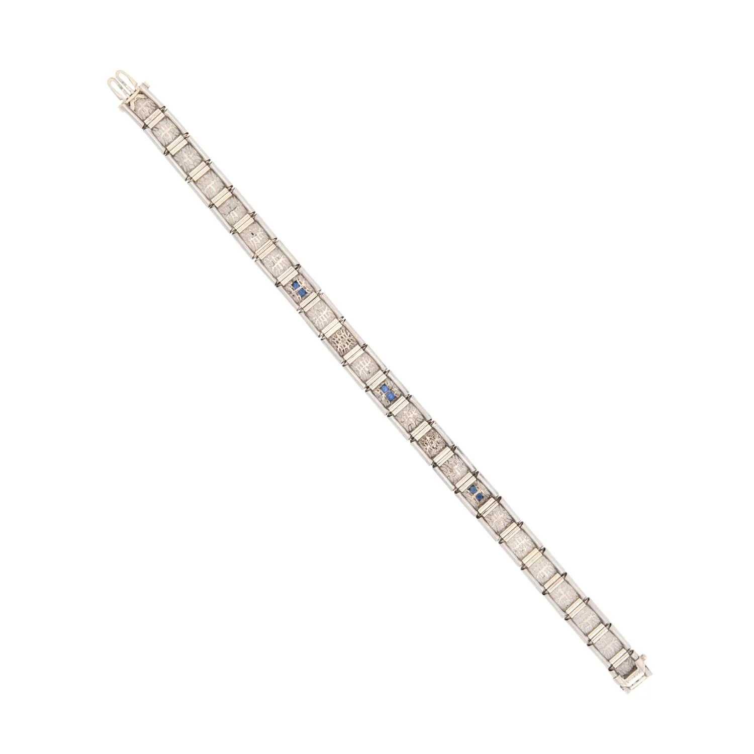 Art Deco 14K/Platinum Top Diamond and Sapphire Filigree Line Bracelet - Image 4