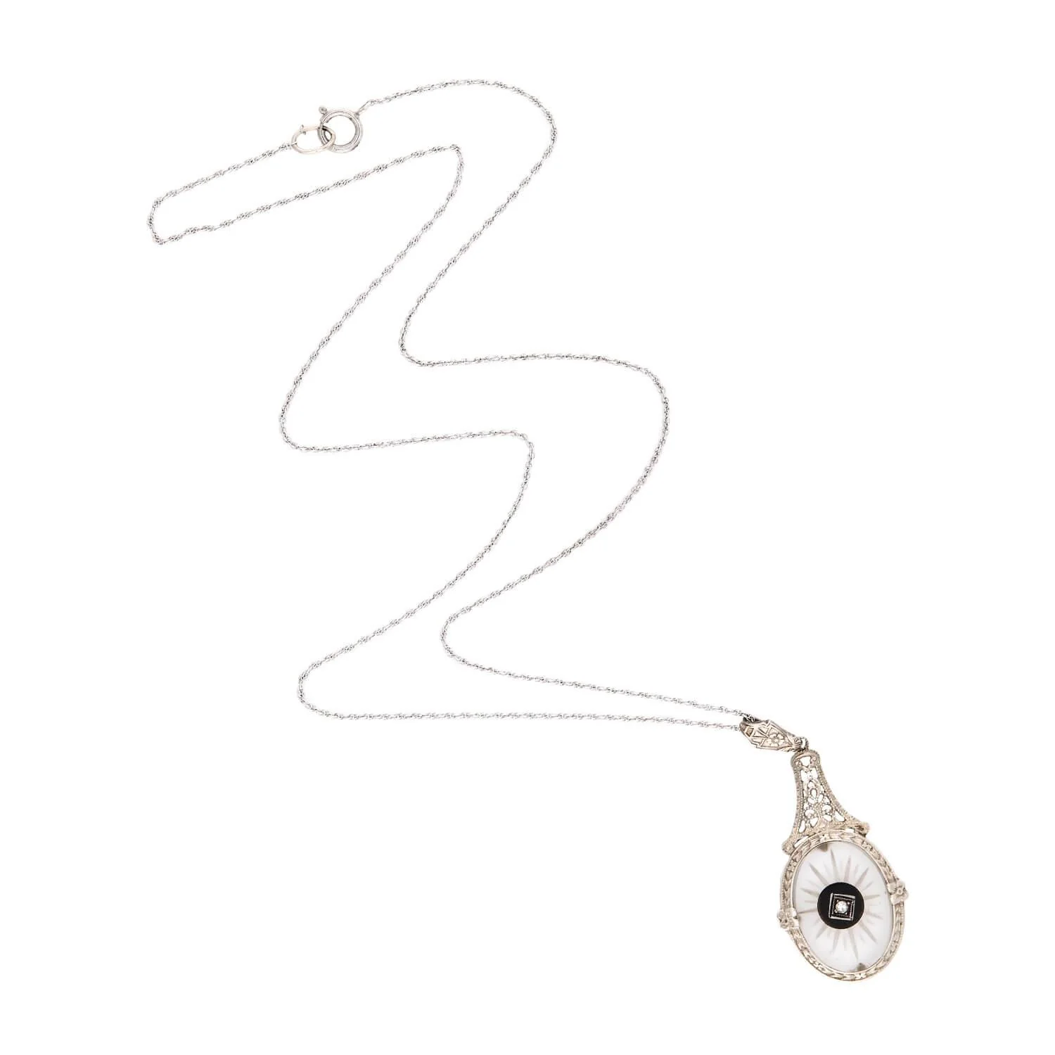 Art Deco 14k Rock Quartz Crystal, Onyx, and Diamond Pendant Necklace - Image 2