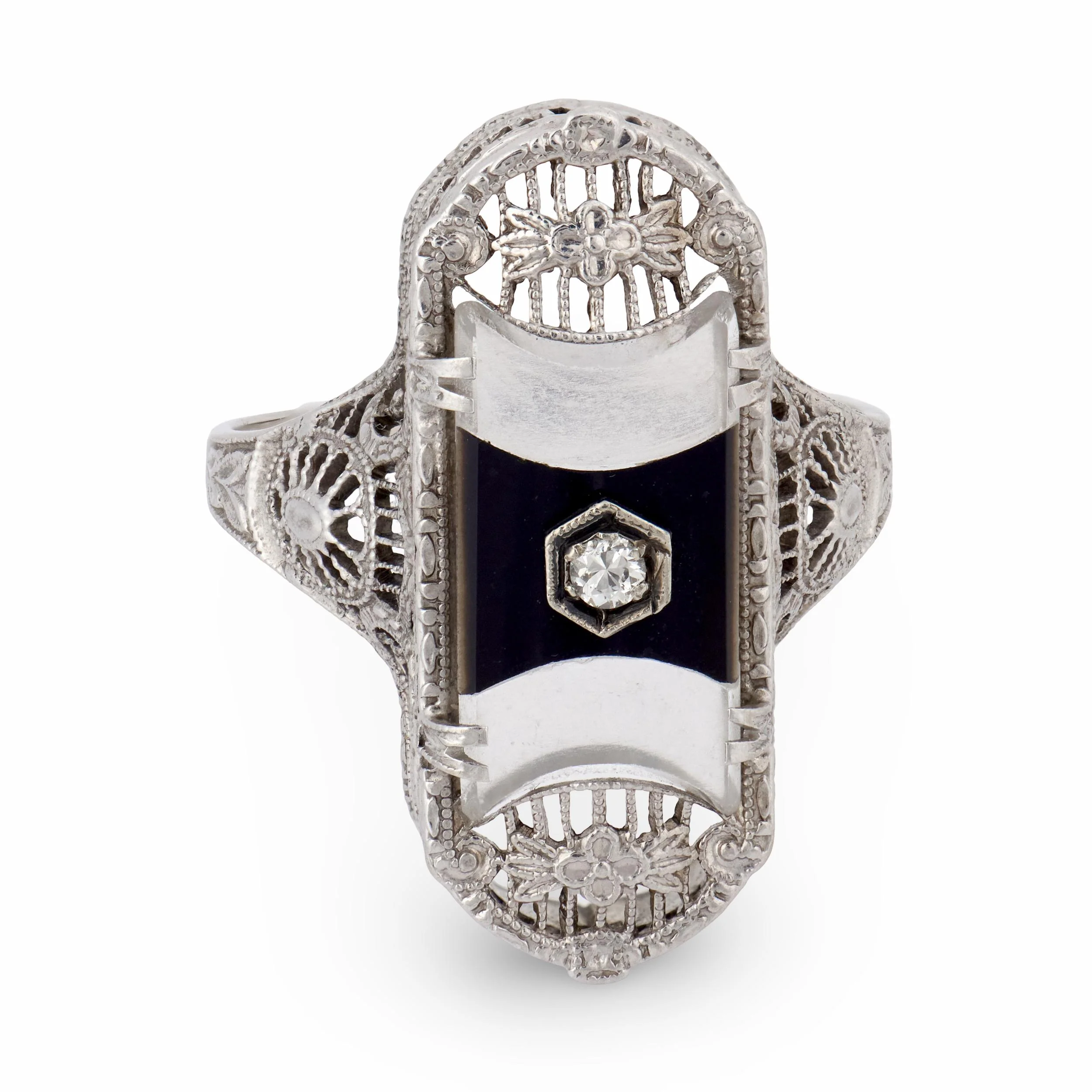 Art Deco 14k Rock Quartz Crystal, Onyx, & Diamond Navette Ring - Image 2