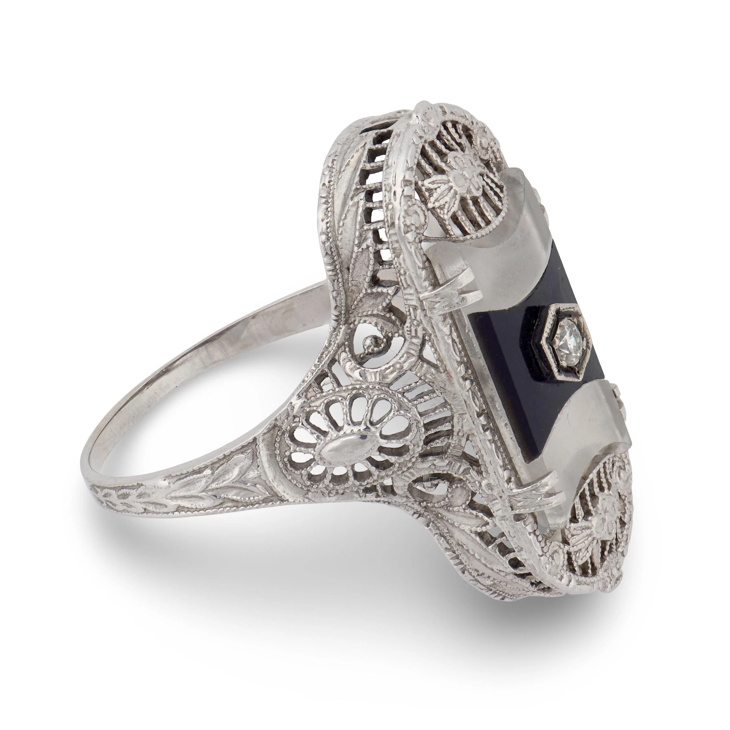 Art Deco 14k Rock Quartz Crystal, Onyx, & Diamond Navette Ring - Image 3