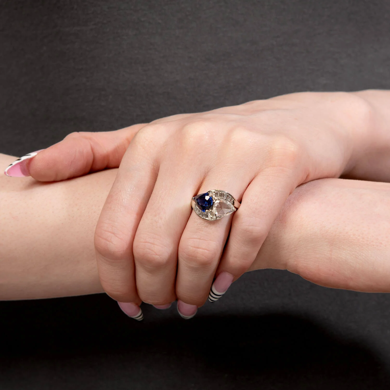 Art Deco 14k Sapphire & Diamond "Moi et Toi" Bypass Ring - Image 6