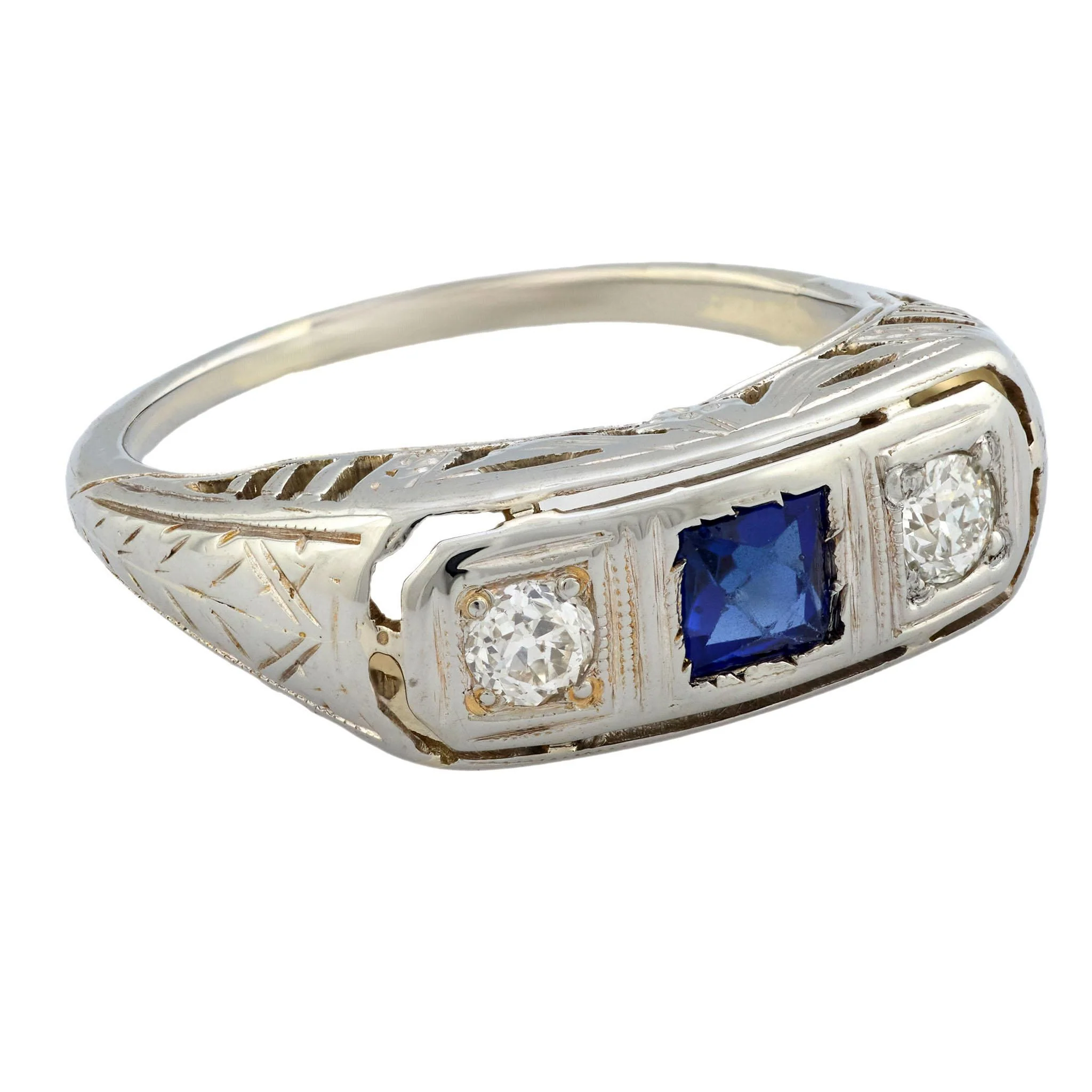 Art Deco 14k Sapphire & Diamond Three Stone Ring - Image 3