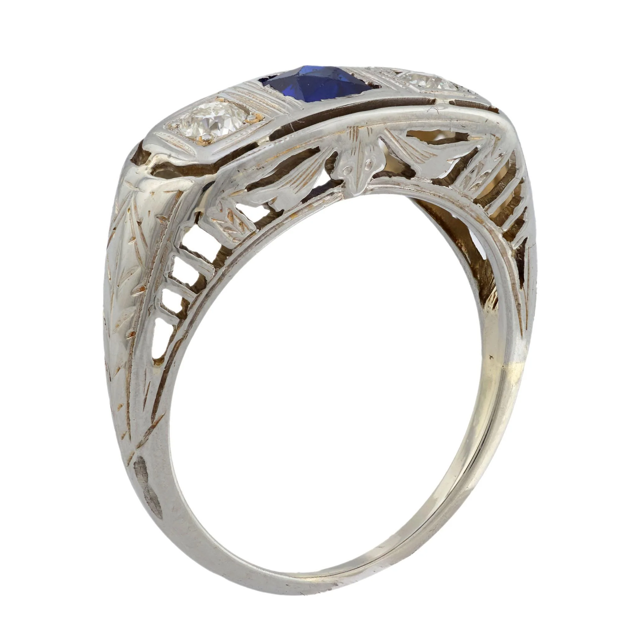 Art Deco 14k Sapphire & Diamond Three Stone Ring - Image 4