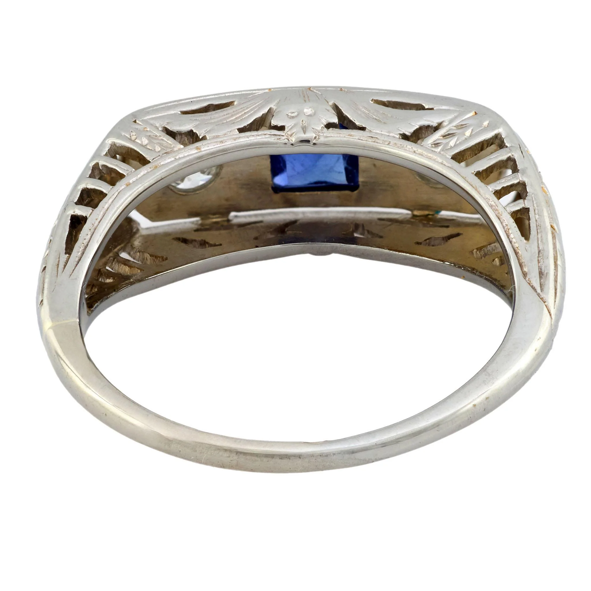 Art Deco 14k Sapphire & Diamond Three Stone Ring - Image 5