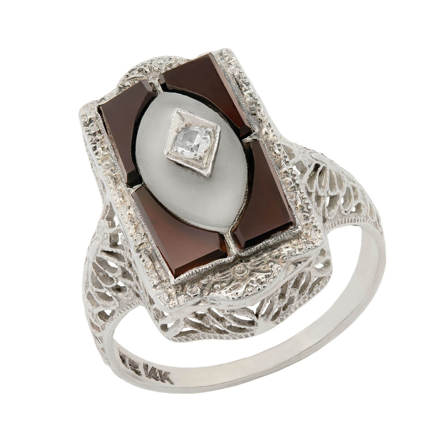 Art Deco 14k White Gold Filagree Black Onyx Center Rose Cut Diamond - Image 4