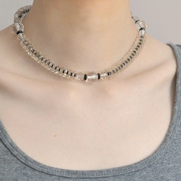 Art Deco 14kt Faceted Rock Quartz Crystal & Onyx Necklace 15" - Image 5