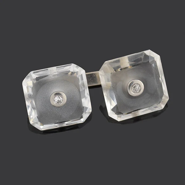 Art Deco 14kt Rock Quartz Crystal & Diamond Cufflinks - Image 2