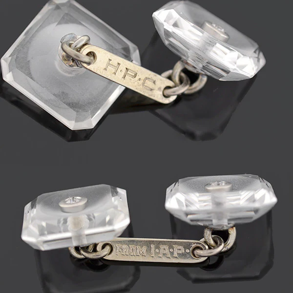 Art Deco 14kt Rock Quartz Crystal & Diamond Cufflinks - Image 6