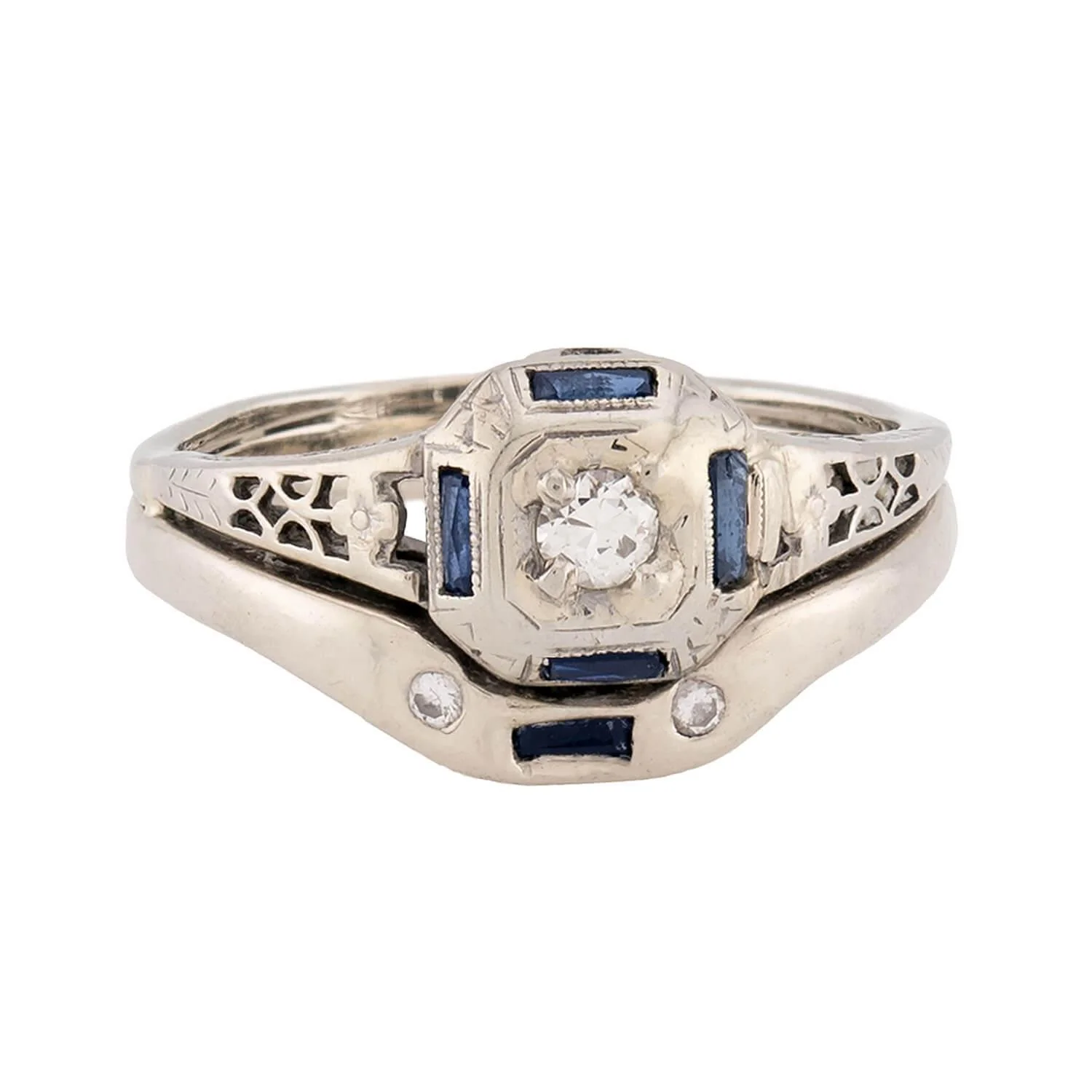 Art Deco 18k Diamond and Sapphire Engagement Ring Set - Image 2