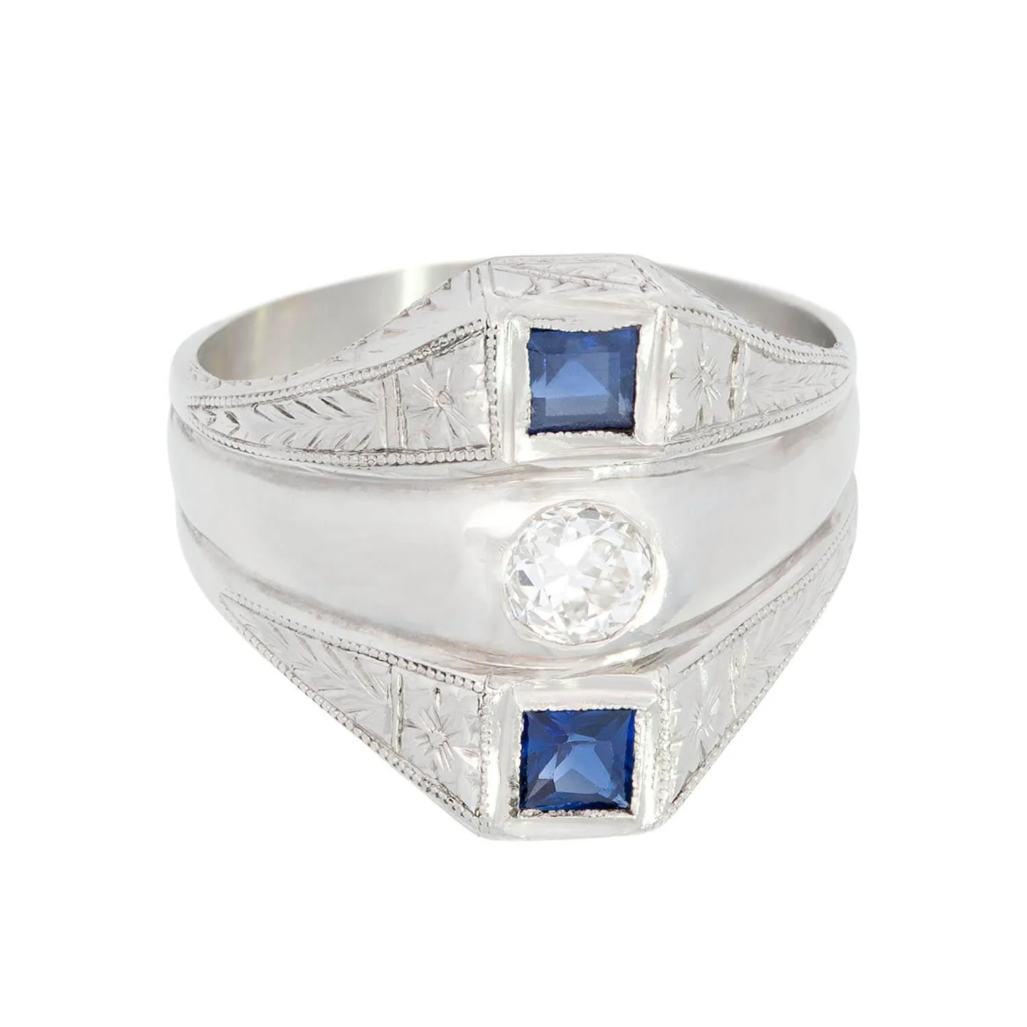 Art Deco 18k Diamond and Synthetic Sapphire Triple Band Ring - Image 2