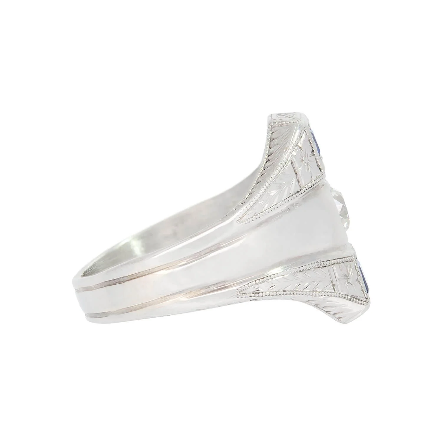 Art Deco 18k Diamond and Synthetic Sapphire Triple Band Ring - Image 3